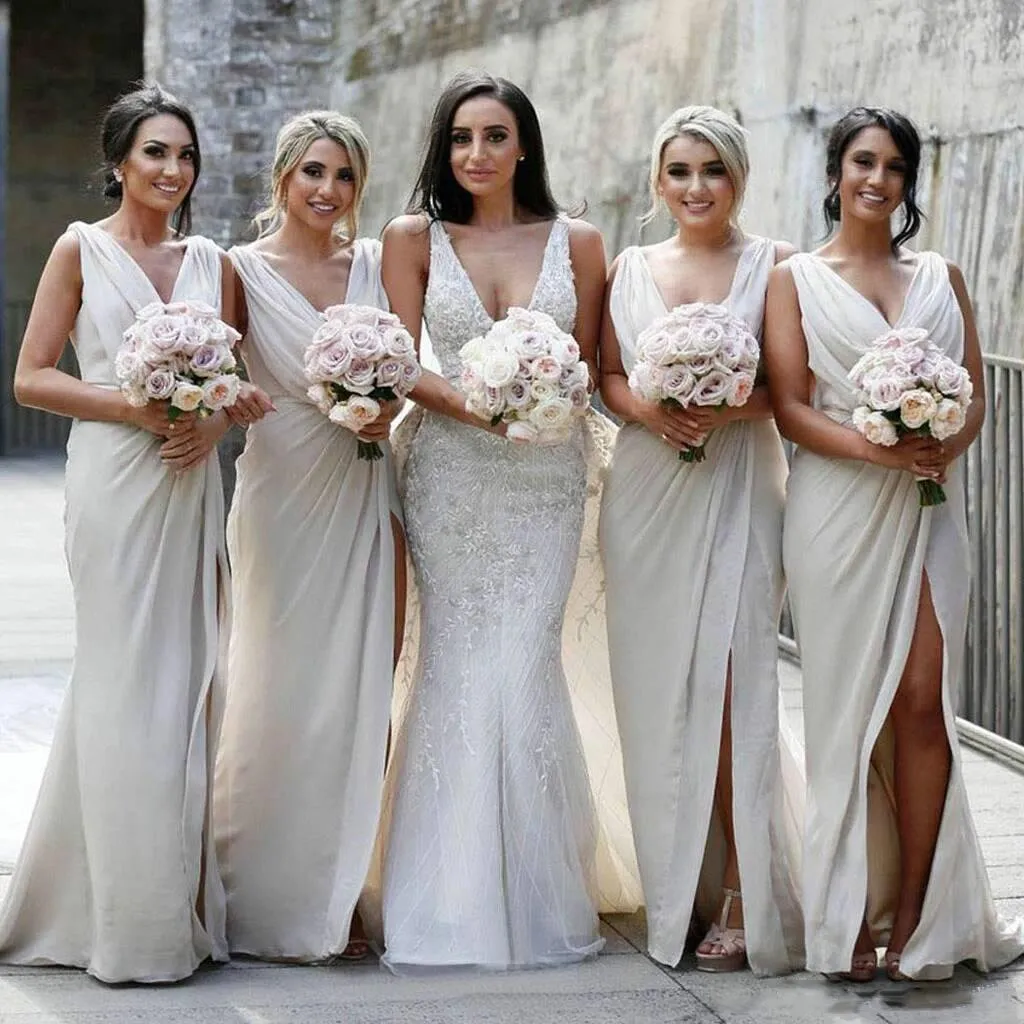 Roycebridal Long V-Neck Chiffon Bridesmaid Dresses Sleeveless Side-Slit