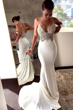 Roycebridal Mermaid V-neck Spaghetti Straps Soft Satin Lace Wedding Dresses,Beach Wedding Dresses,MW404