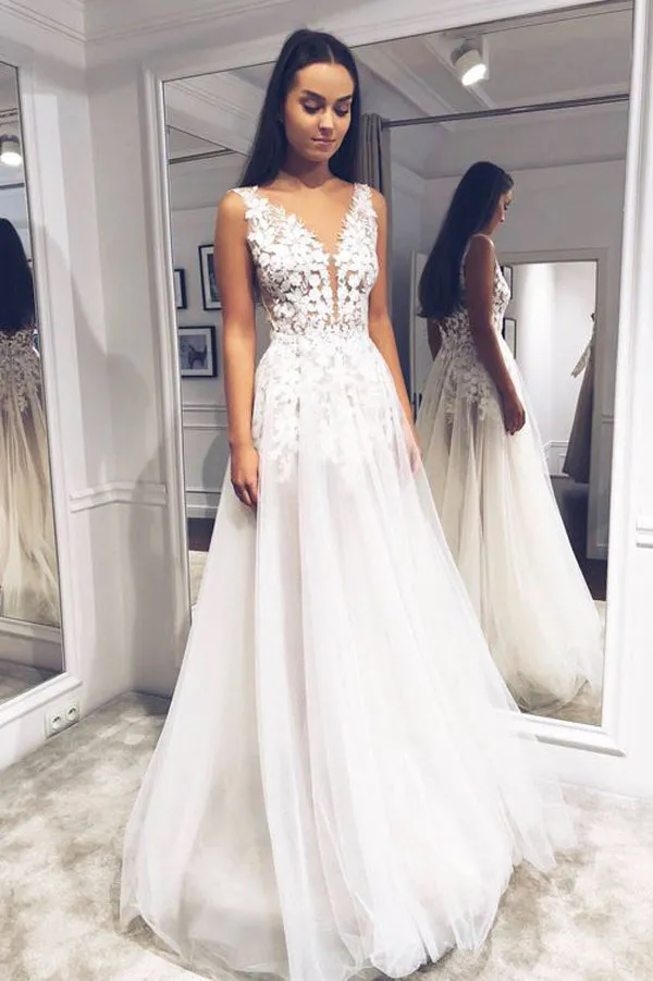 Roycebridal Simple A-line V-neck Open Back Lace Wedding Dresses, Simple Wedding Dresses,MW378