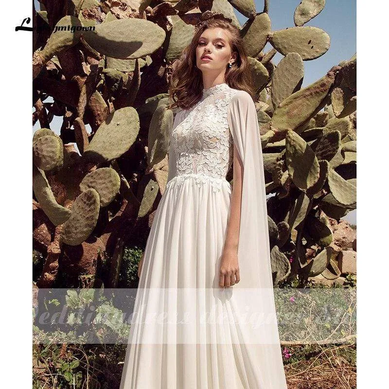 Roycebridal Simple Beach Boho Wedding Dresses with Cape Open Back Lace