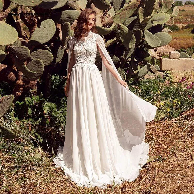 Roycebridal Simple Beach Boho Wedding Dresses with Cape Open Back Lace