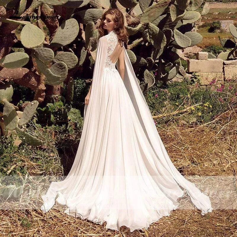 Roycebridal Simple Beach Boho Wedding Dresses with Cape Open Back Lace