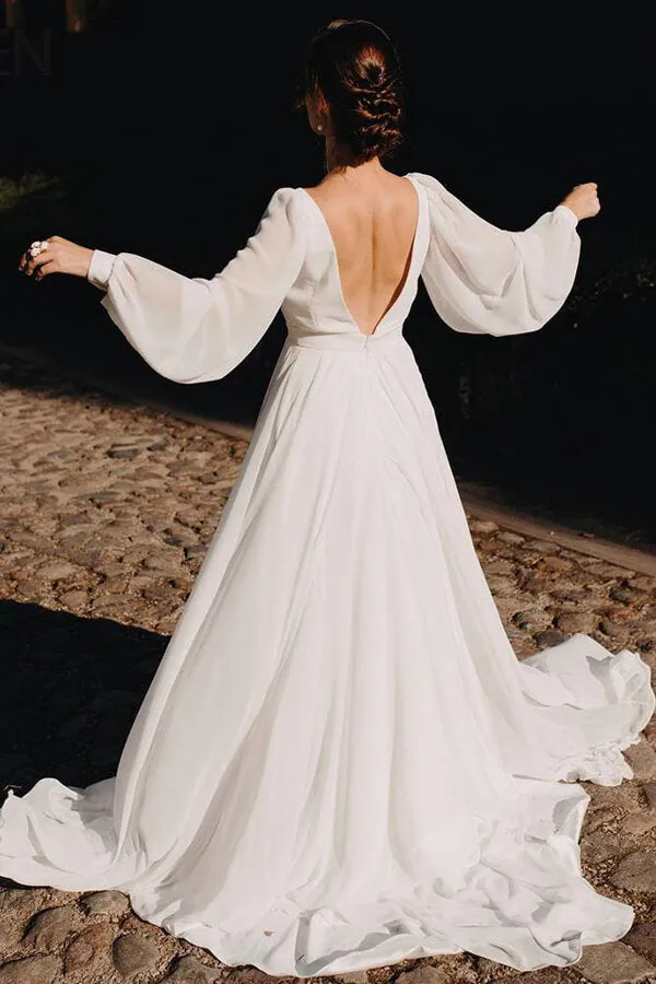 Roycebridal Simple Chiffon A-line Puffy Sleeves Beach Wedding Dress, Bridal Gown, MW644