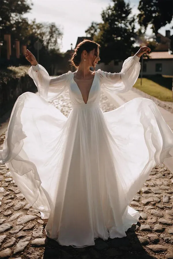 Roycebridal Simple Chiffon A-line Puffy Sleeves Beach Wedding Dress, Bridal Gown, MW644