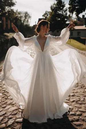 Roycebridal Simple Chiffon A-line Puffy Sleeves Beach Wedding Dress, Bridal Gown, MW644