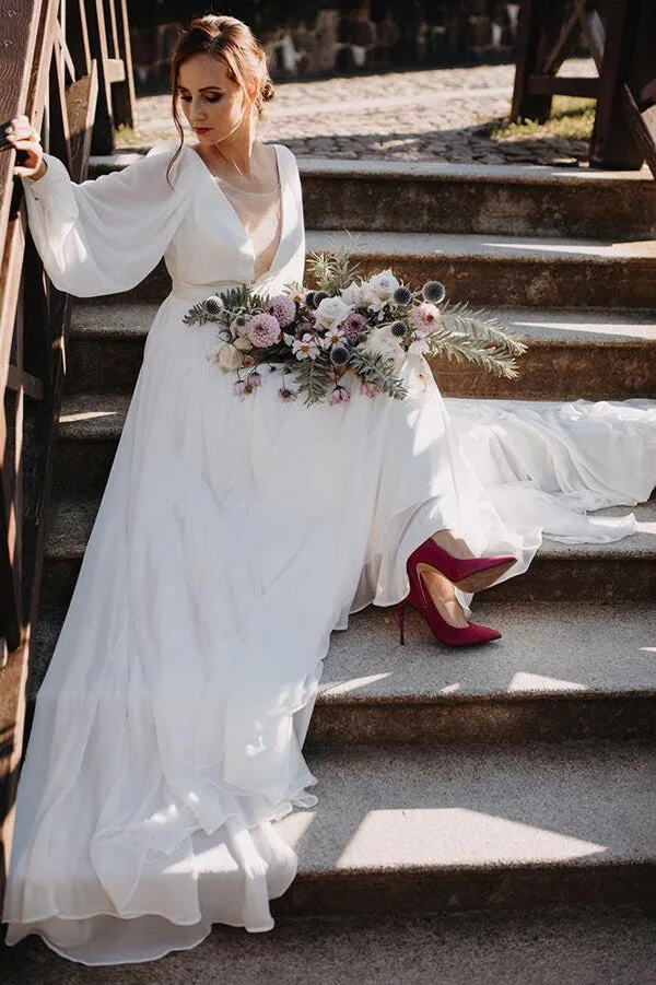 Roycebridal Simple Chiffon A-line Puffy Sleeves Beach Wedding Dress, Bridal Gown, MW644