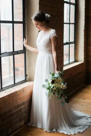 Roycebridal Simple Chiffon Lace Scoop Open Back Sweep Train Wedding Dresses, MW586