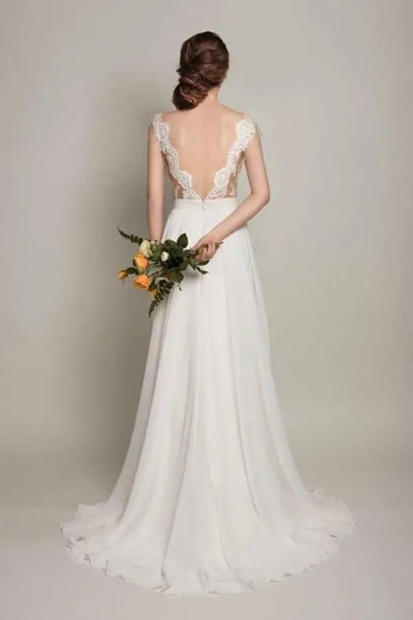 Roycebridal Simple Chiffon Lace Scoop Open Back Sweep Train Wedding Dresses, MW586