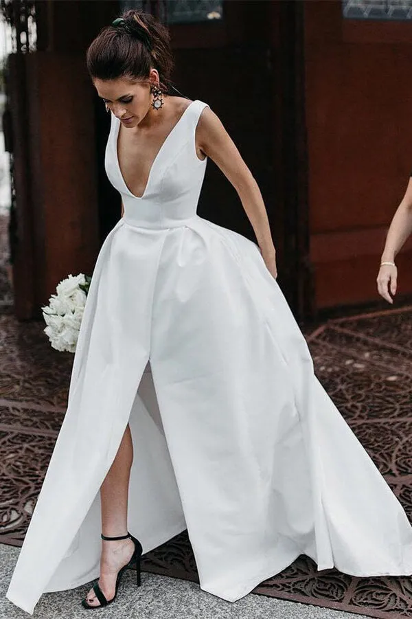 Roycebridal Simple Ivory Satin A-line V-Neck Wedding Dresses with Pockets, MW537
