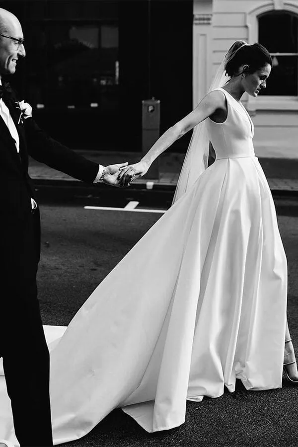 Roycebridal Simple Ivory Satin A-line V-Neck Wedding Dresses with Pockets, MW537