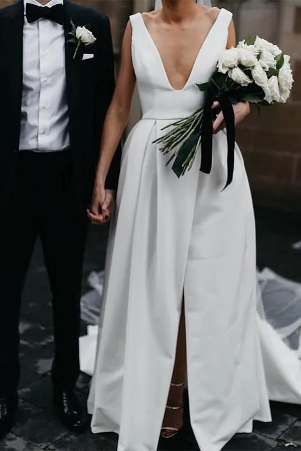 Roycebridal Simple Ivory Satin A-line V-Neck Wedding Dresses with Pockets, MW537