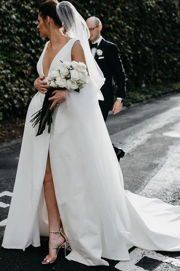 Roycebridal Simple Ivory Satin A-line V-Neck Wedding Dresses with Pockets, MW537