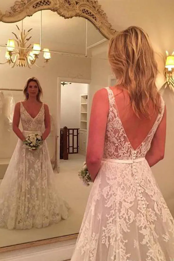 Roycebridal Simple Wedding Dresses Backless V Neck Lace Bridal Dress,MW275