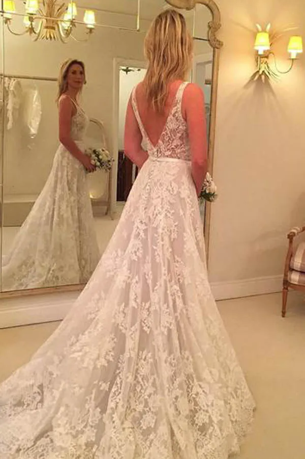 Roycebridal Simple Wedding Dresses Backless V Neck Lace Bridal Dress,MW275