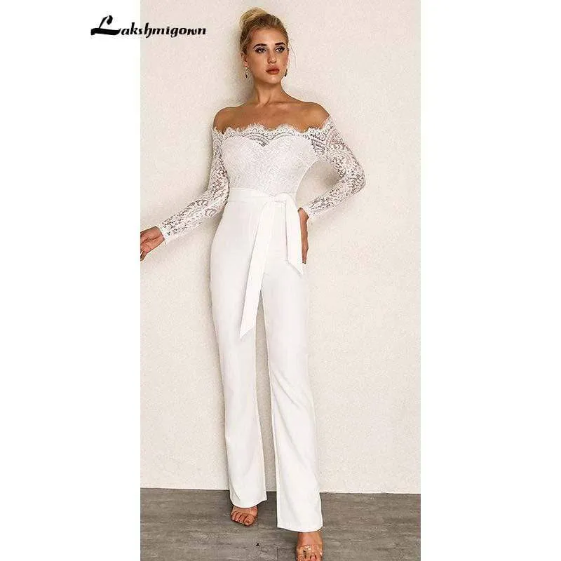 Roycebridal Simple White Lace Jumpsuits Wedding Dresses Long Sleeves Pant Suit