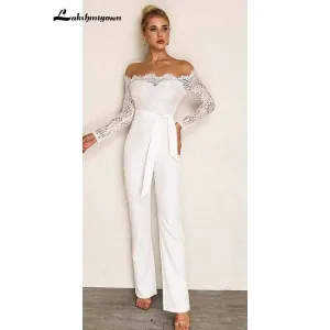 Roycebridal Simple White Lace Jumpsuits Wedding Dresses Long Sleeves Pant Suit