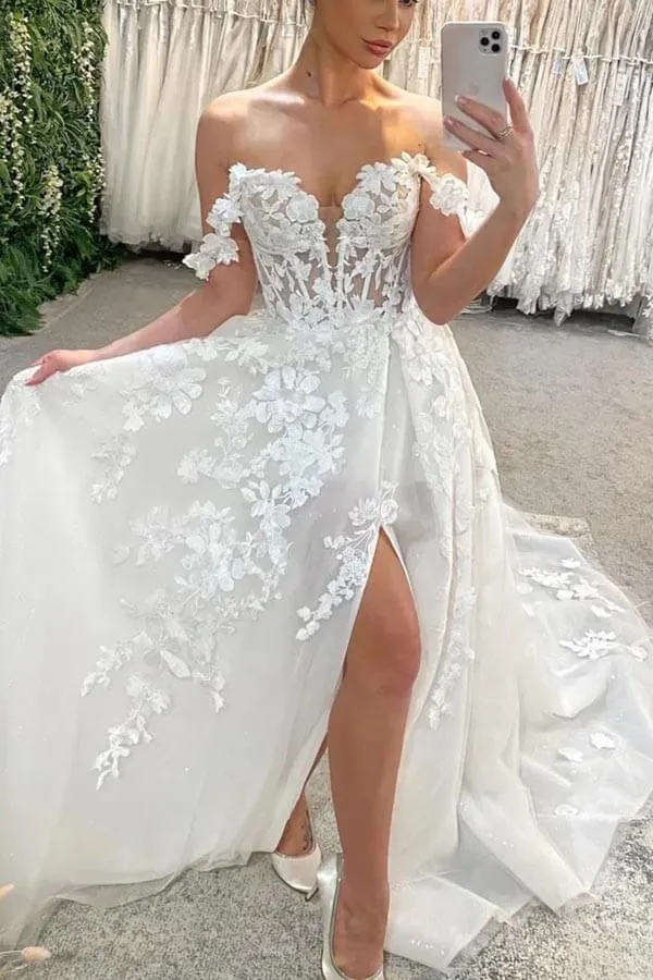 Roycebridal Tulle A-line Sweetheart Off Shoulder Wedding Dress With Lace Appliques, MW1007