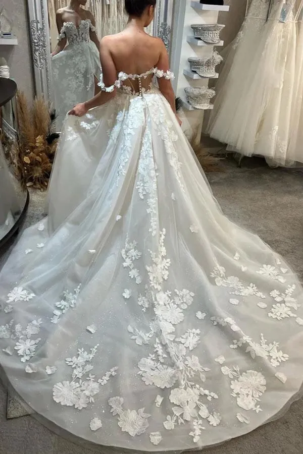 Roycebridal Tulle A-line Sweetheart Off Shoulder Wedding Dress With Lace Appliques, MW1007
