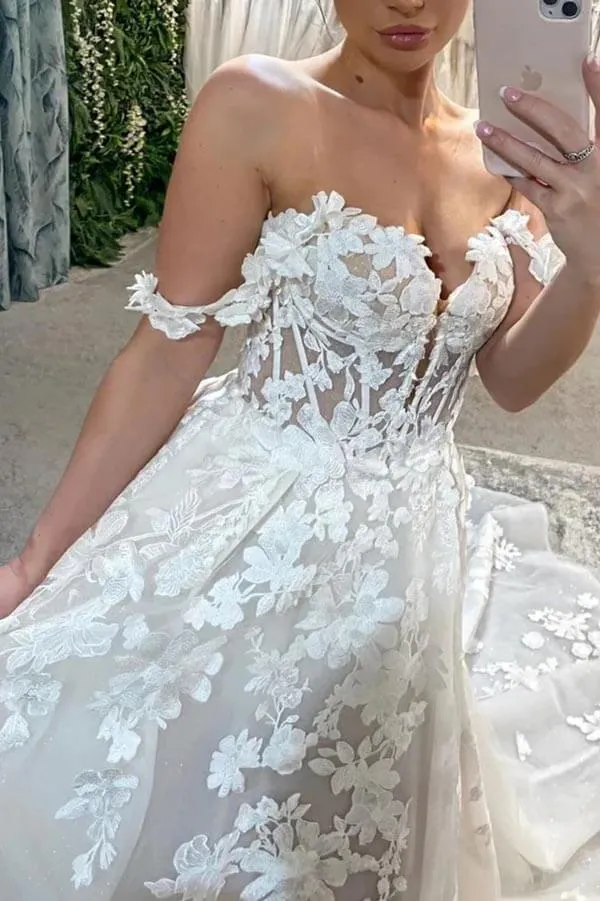 Roycebridal Tulle A-line Sweetheart Off Shoulder Wedding Dress With Lace Appliques, MW1007