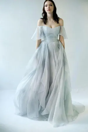 Roycebridal Unique Grey Blue Chiffon Off Shoulder Wedding Dresses, Bridal Gown, MW592