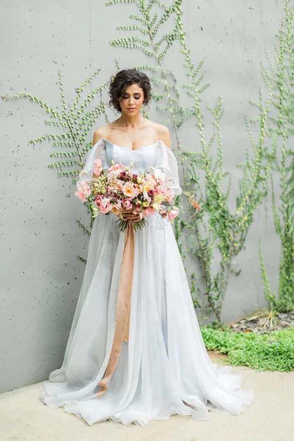 Roycebridal Unique Grey Chiffon A-line Off Shoulder Wedding Dress, Wedding Gown, MW712