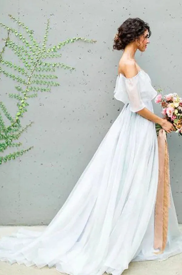 Roycebridal Unique Grey Chiffon A-line Off Shoulder Wedding Dress, Wedding Gown, MW712