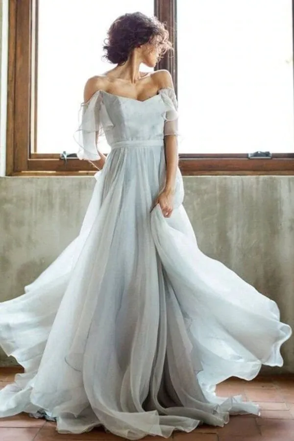 Roycebridal Unique Grey Chiffon A-line Off Shoulder Wedding Dress, Wedding Gown, MW712