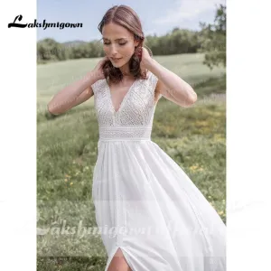 Roycebridal V Neck Short Sleeve Backless Lace Chiffon Wedding Dresses