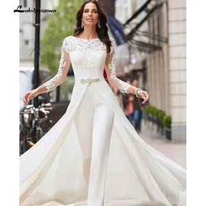 Roycebridal White Jumpsuits Pants Long Sleeve Wedding Dresses Lace Satin