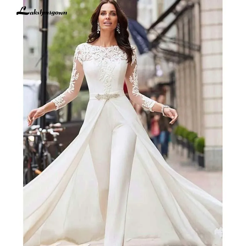 Roycebridal White Jumpsuits Pants Long Sleeve Wedding Dresses Lace Satin