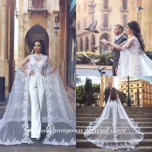 Roycebridal White Jumpsuits Wedding Dresses With Long Lace Wrap