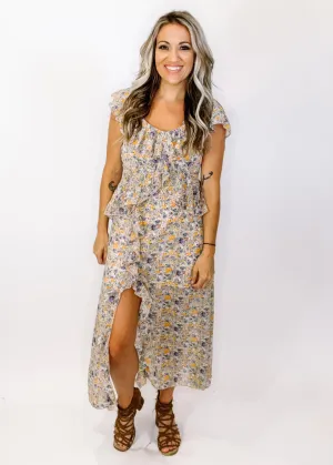Ruffled Peach Floral Maxi Dress