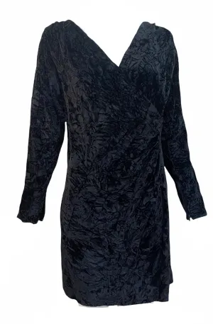 Saint Laurent Rive Gauche 1980's Black Crushed Velvet Wrap Cocktail Dress