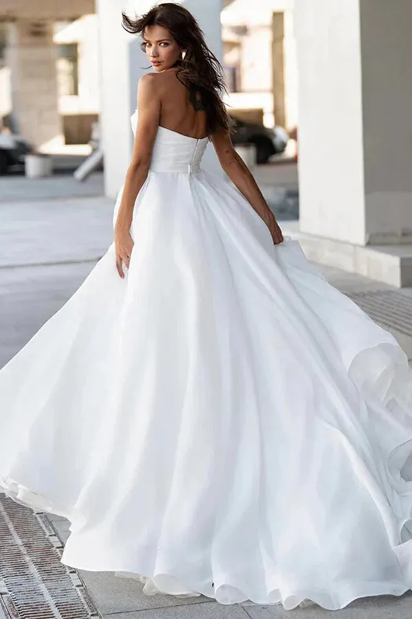 Satin A Line Sweetheart Neck Beaded Wedding Dresses With Train, SW708