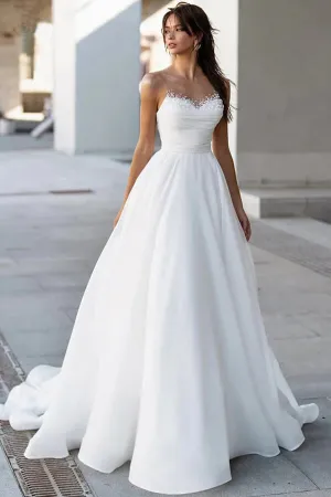 Satin A Line Sweetheart Neck Beaded Wedding Dresses With Train, SW708