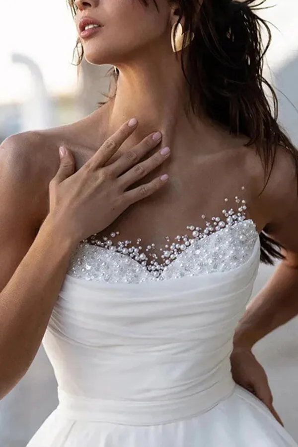 Satin A Line Sweetheart Neck Beaded Wedding Dresses With Train, SW708