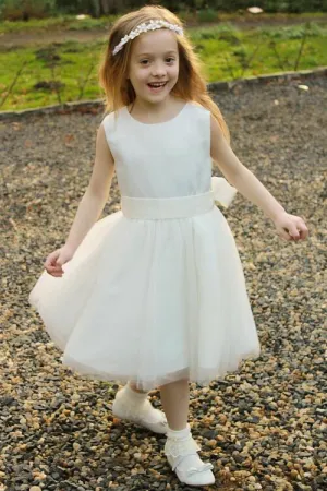 Satin and Tulle Tea-length Ivory Flower Girl Dress with Ribbon Belt