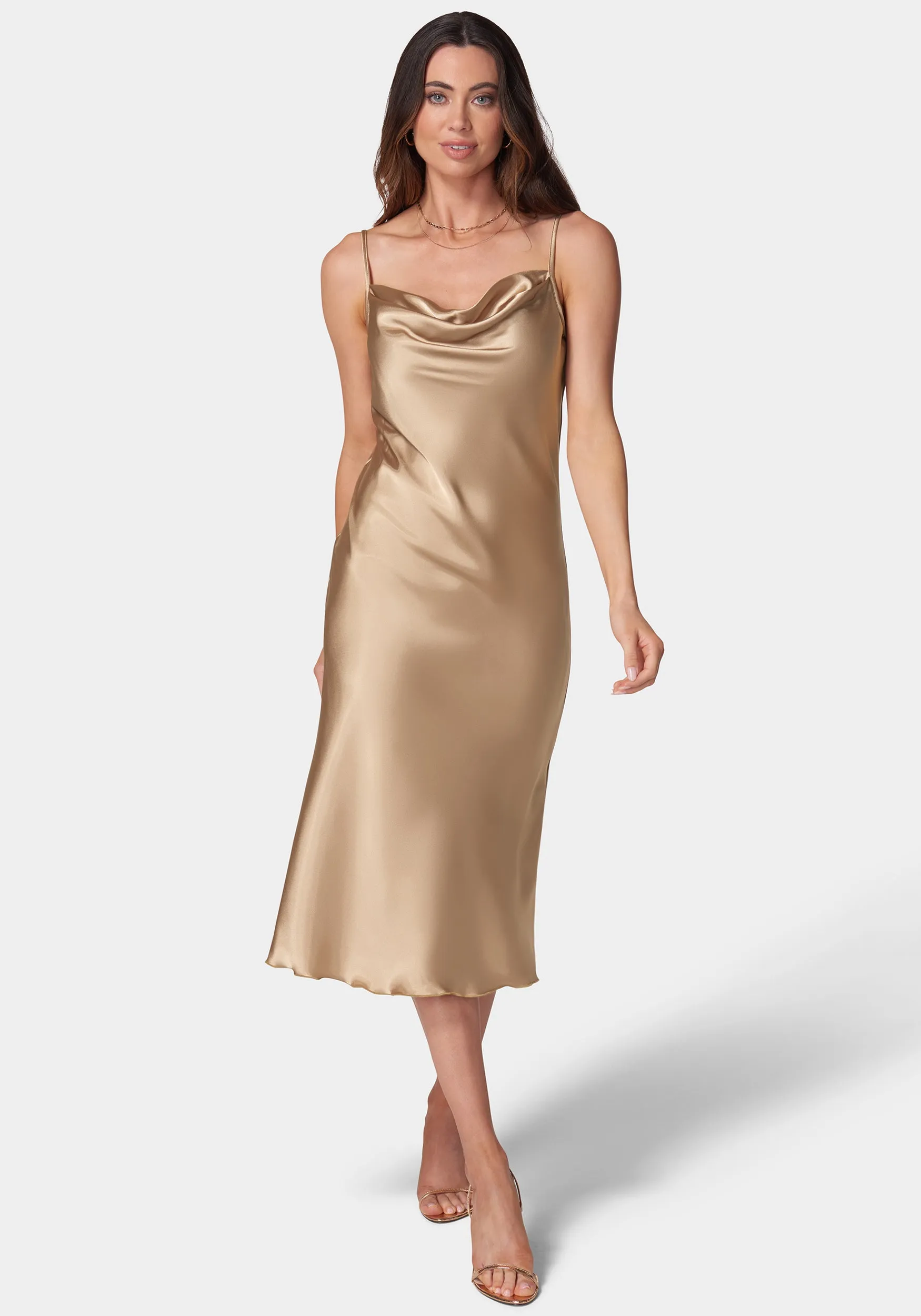Satin Cowl Neck Slip Midi Dress