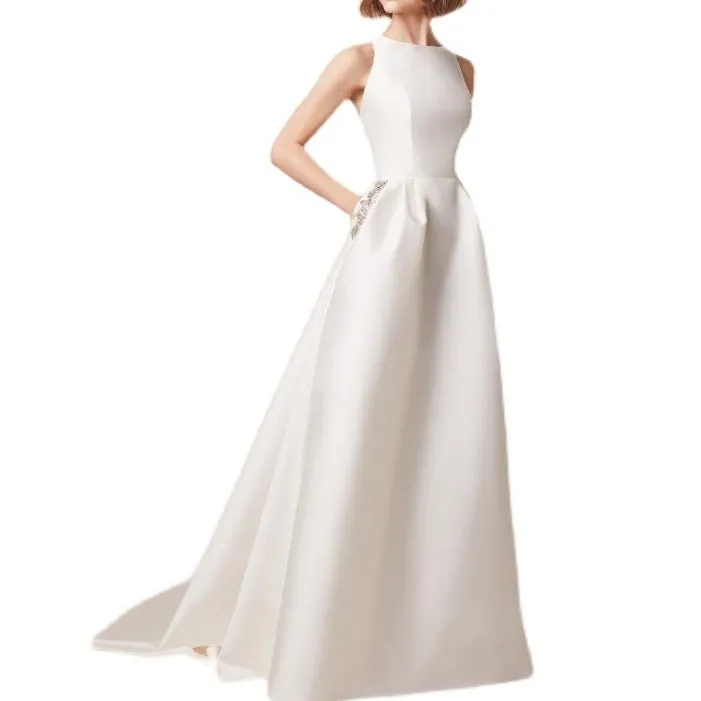 satin off shoulder wedding dress