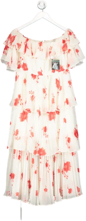 Self-Portrait White White/red Tiered Floral Chiffon Dress UK 12
