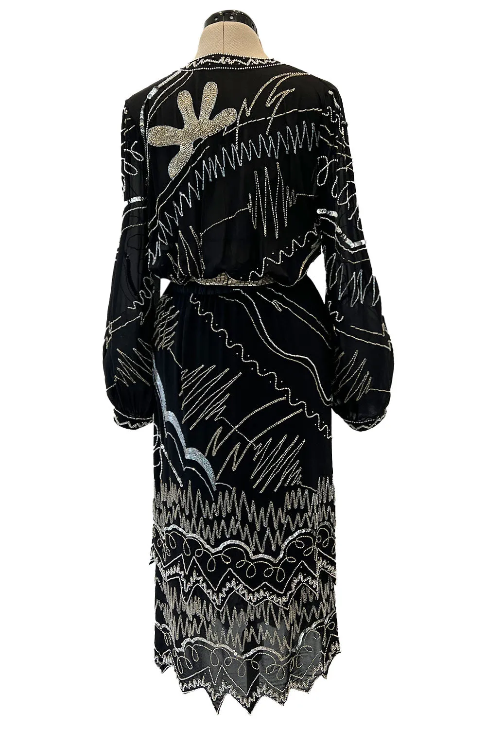 Sexy 1980s Fabrice Simon Black Densely Beaded Silk Chiffon Dress w PLunge Front