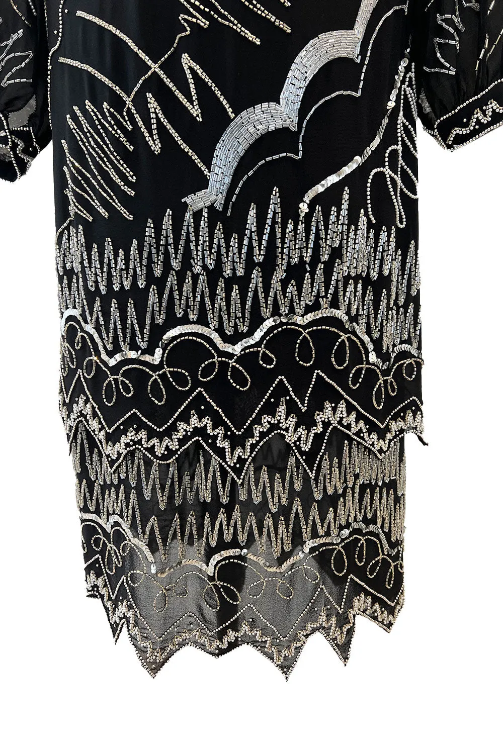 Sexy 1980s Fabrice Simon Black Densely Beaded Silk Chiffon Dress w PLunge Front