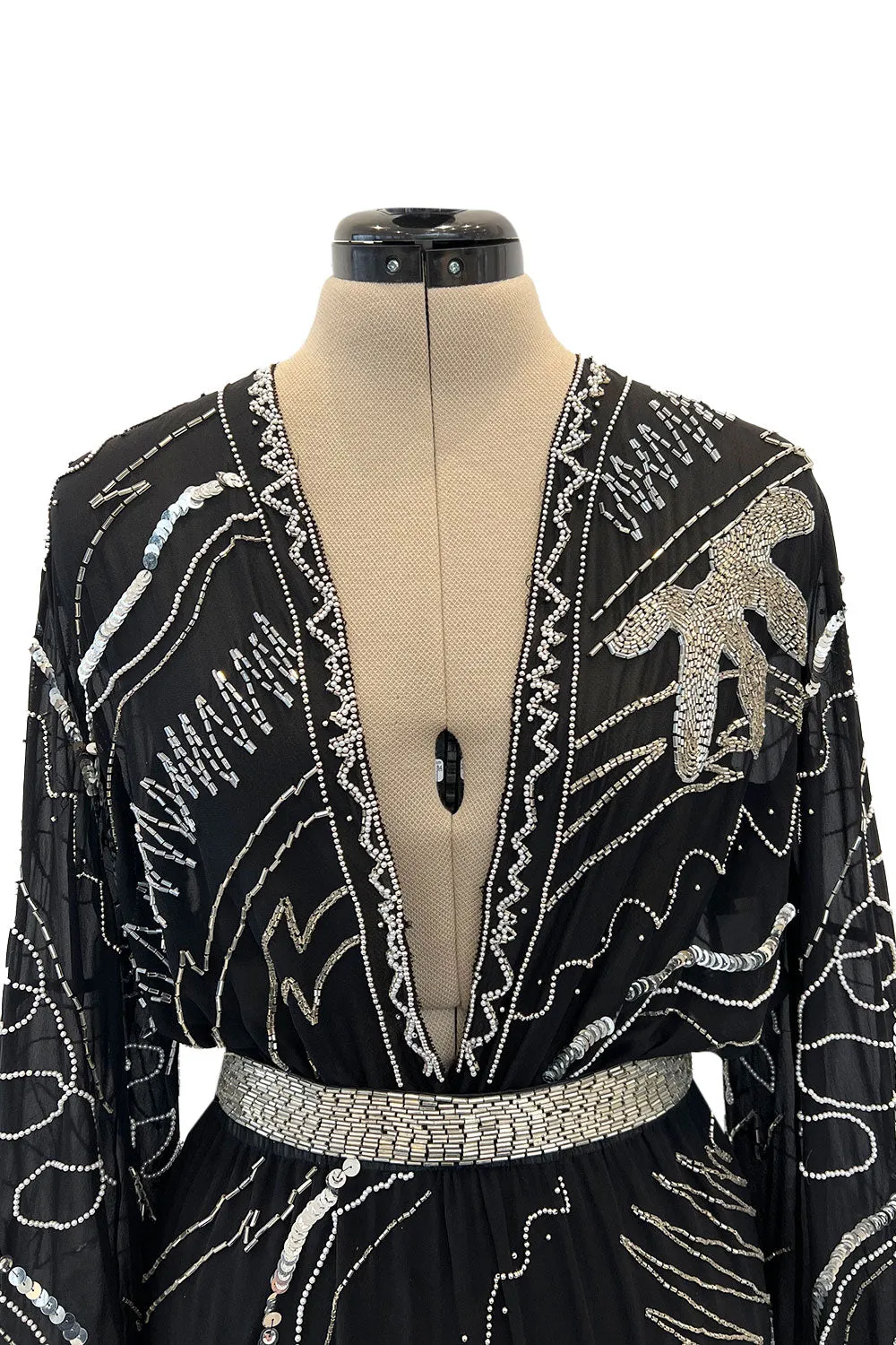Sexy 1980s Fabrice Simon Black Densely Beaded Silk Chiffon Dress w PLunge Front