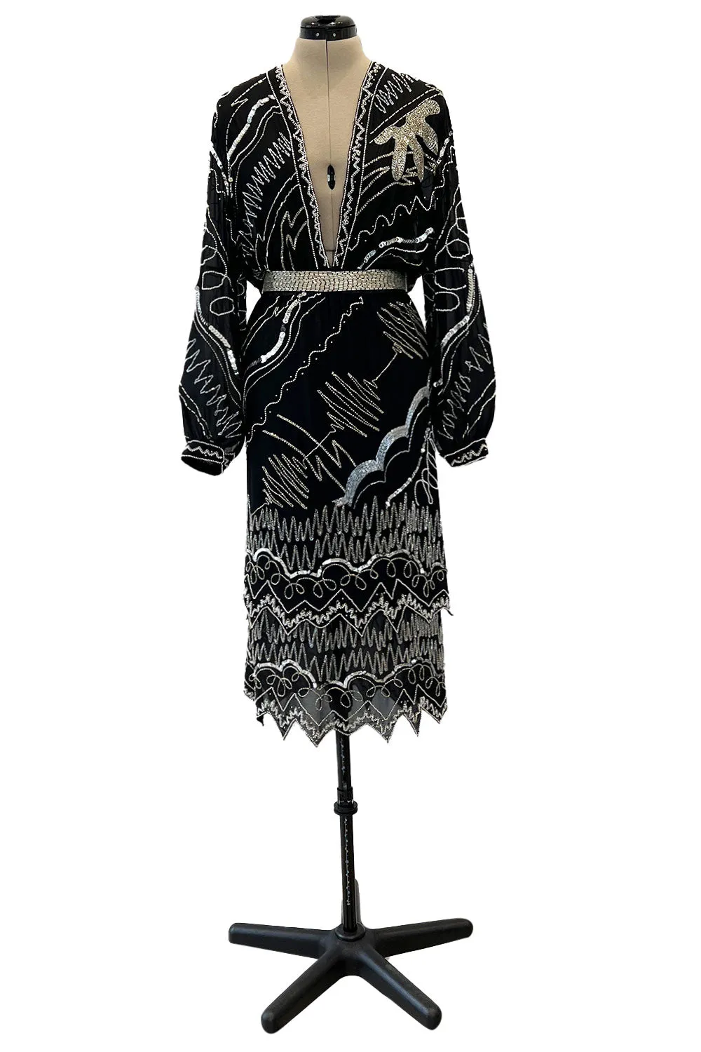 Sexy 1980s Fabrice Simon Black Densely Beaded Silk Chiffon Dress w PLunge Front