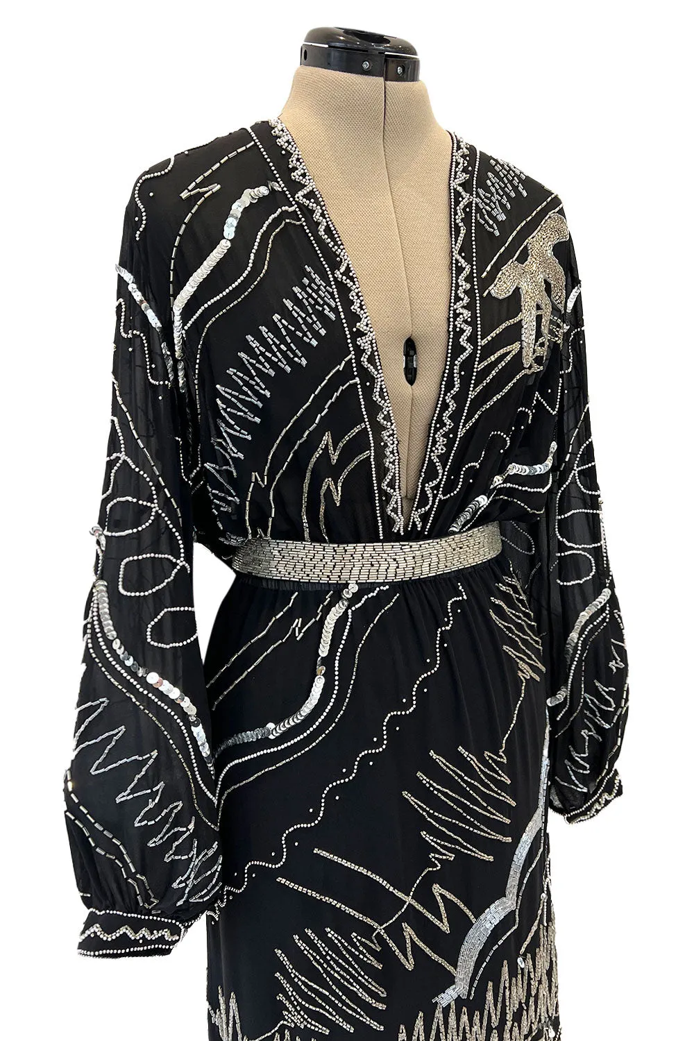 Sexy 1980s Fabrice Simon Black Densely Beaded Silk Chiffon Dress w PLunge Front