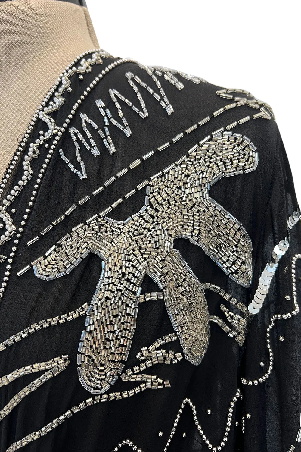 Sexy 1980s Fabrice Simon Black Densely Beaded Silk Chiffon Dress w PLunge Front