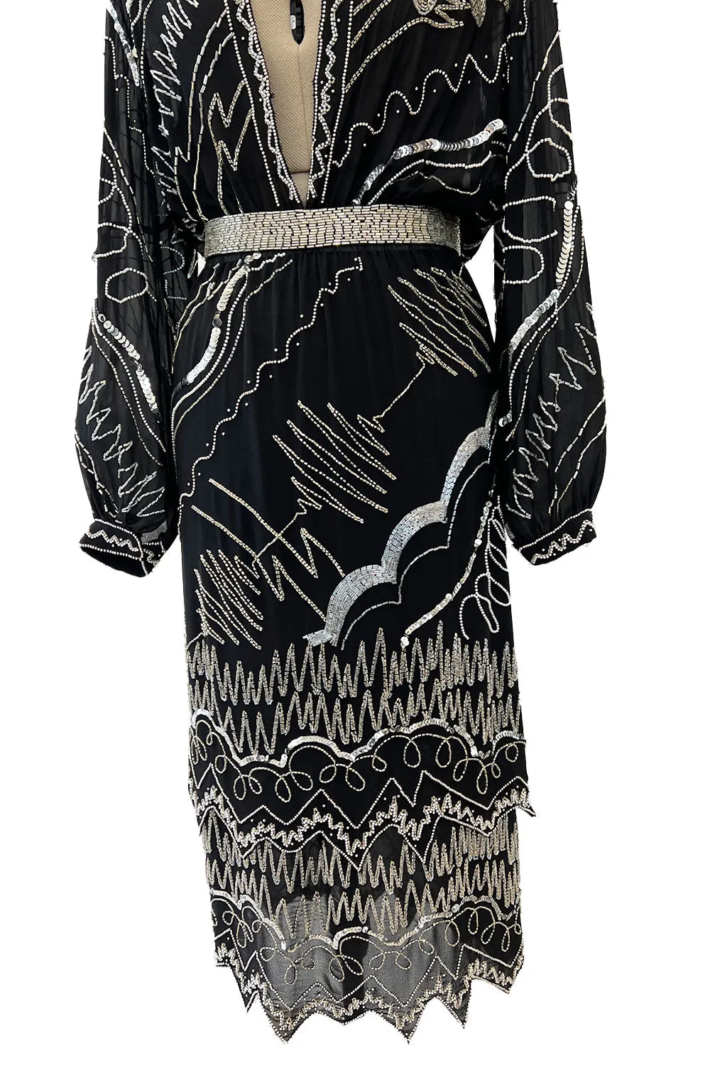Sexy 1980s Fabrice Simon Black Densely Beaded Silk Chiffon Dress w PLunge Front