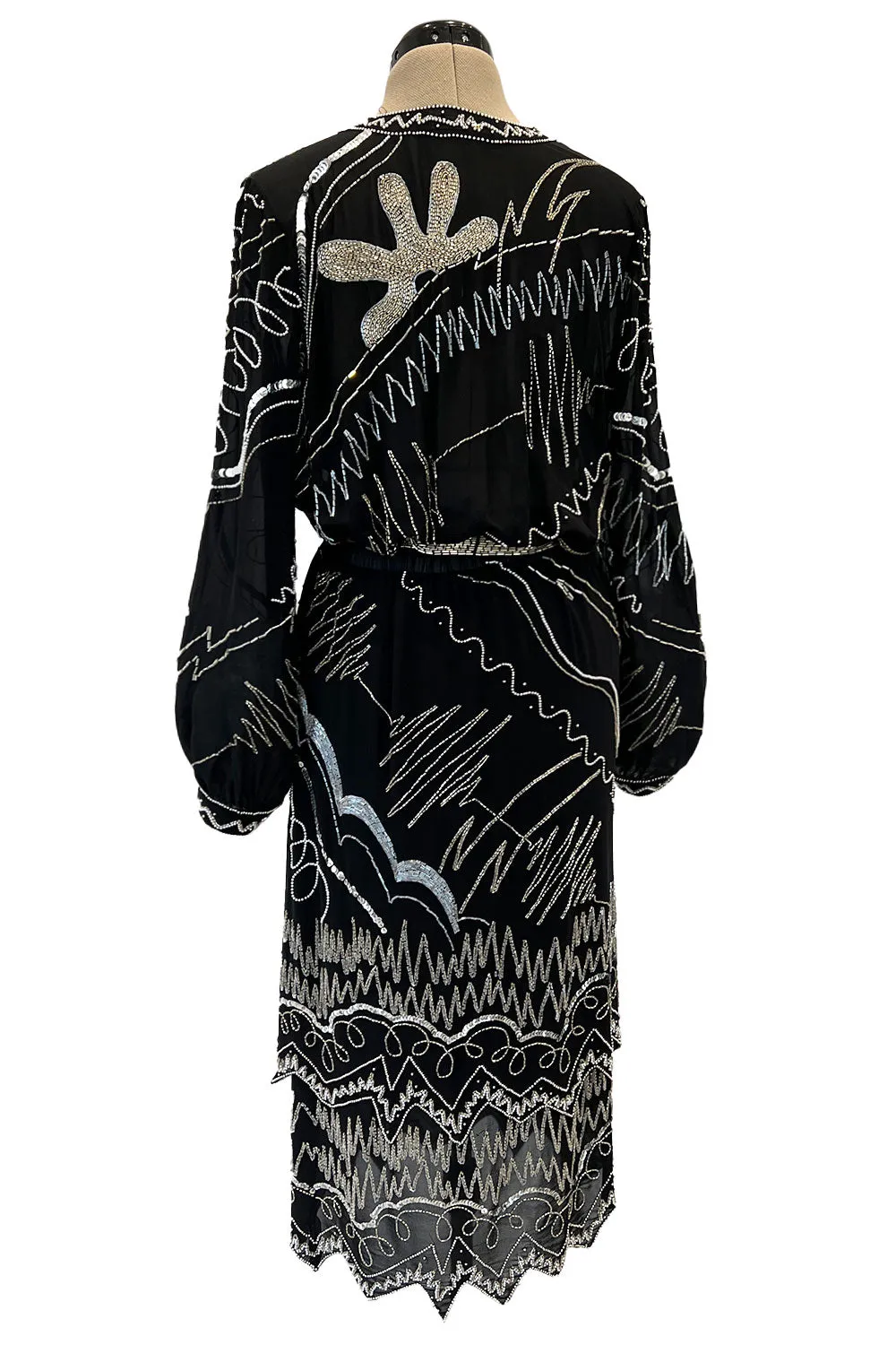 Sexy 1980s Fabrice Simon Black Densely Beaded Silk Chiffon Dress w PLunge Front