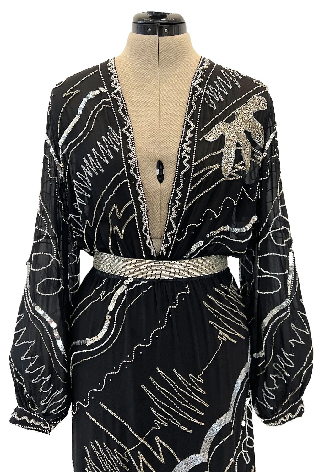 Sexy 1980s Fabrice Simon Black Densely Beaded Silk Chiffon Dress w PLunge Front