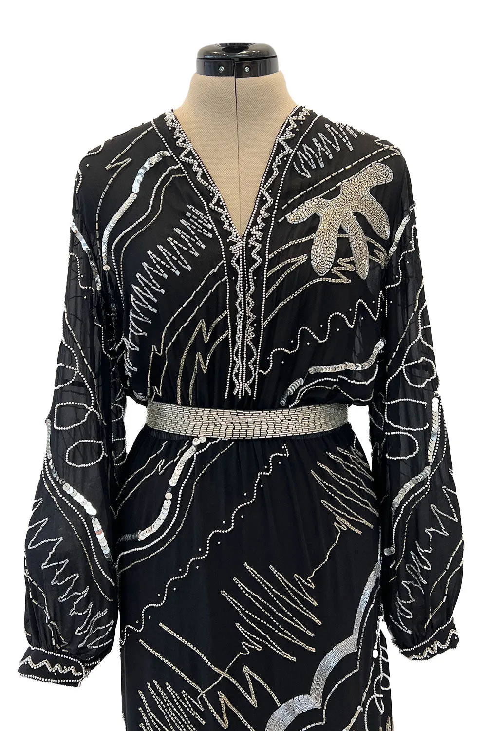 Sexy 1980s Fabrice Simon Black Densely Beaded Silk Chiffon Dress w PLunge Front